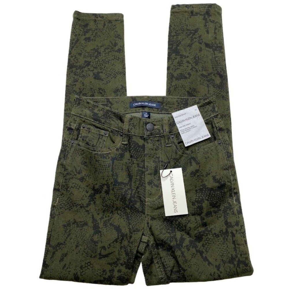Calvin Klein‎ Skinny Ankle Jeans Women's 24 XS Green Green Python-Print Stretch